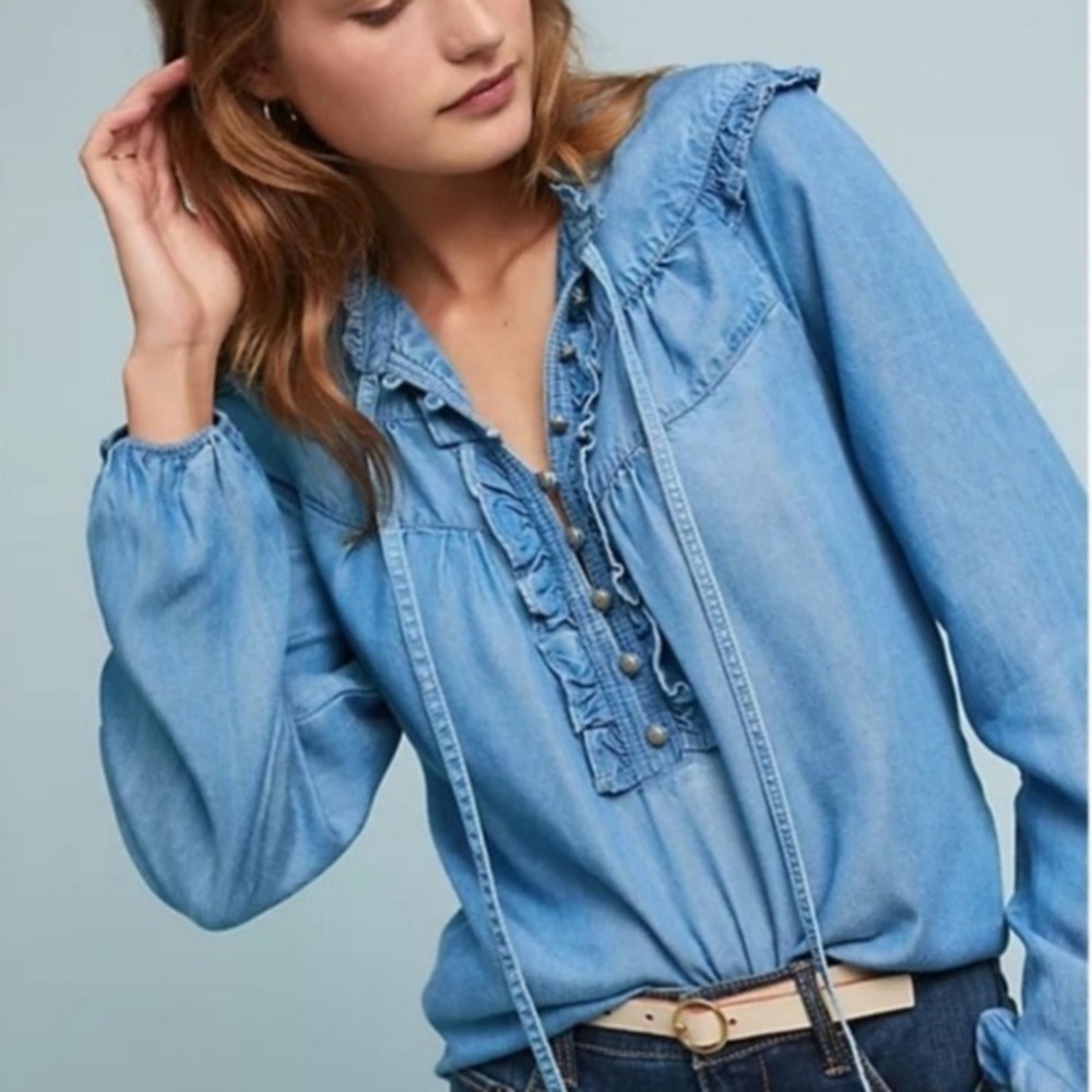 Anthropologie Maeve Chambray Ruffle Long Sleeve Top